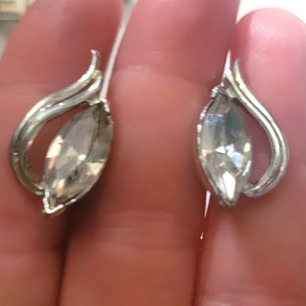 Earrings Screw on clip Silver plated Marquis cut cubic zirconia Vintage